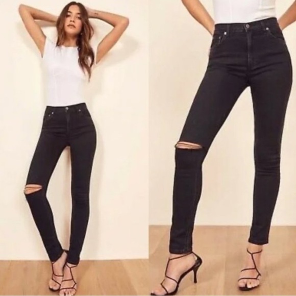 REFORMATION Jeans Faded Black Destroyed High Waist Rise Skinny Jean - Picture 1 of 11
